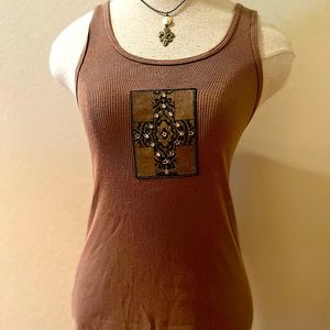 Tan tank with cross rhinestone graphic. Size small.
